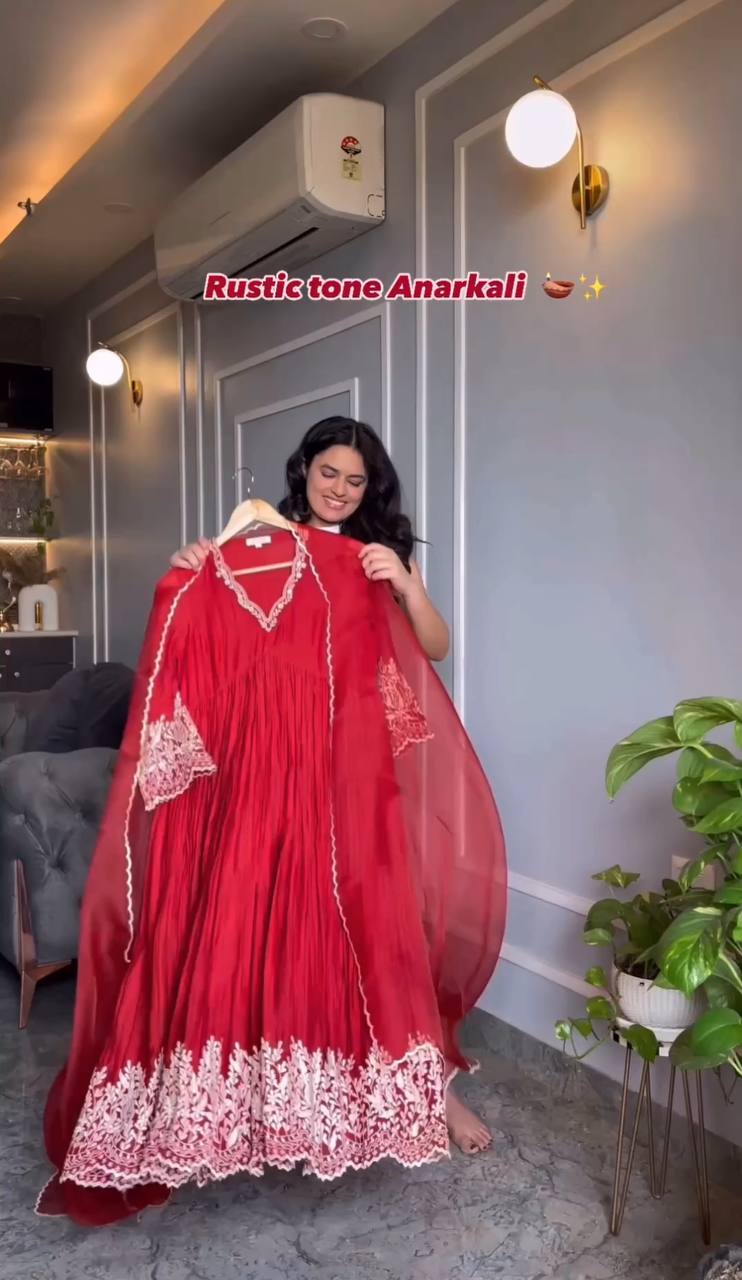 Red Ivory Anarkali Suit with Exquisite Embroidery | Womenoutfitstudio