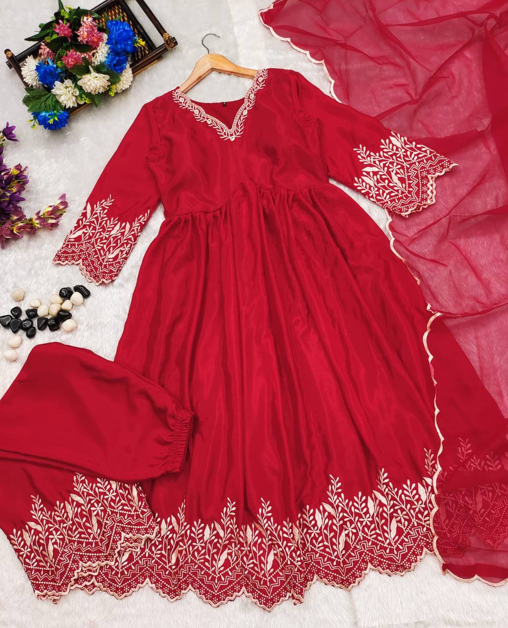 Red Ivory Anarkali Suit with Exquisite Embroidery | Womenoutfitstudio