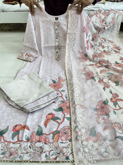 Exclusive Lilan Cotton Suit Set with Embroidered Organza Dupatta | Womenoutfitstudio