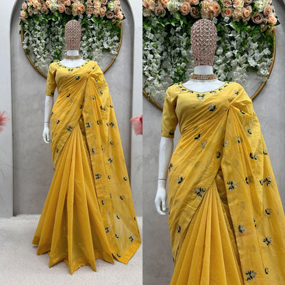 Handwoven Chanderi Silk Saree with Gold Zari Border and Intricate Floral Patterns | Womenoutfitstudio