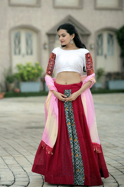 Viscose Crochet Lehenga Choli with Unique Position Print and Elegant Flair for a Timeless Festive Look | Womenoutfitstudio