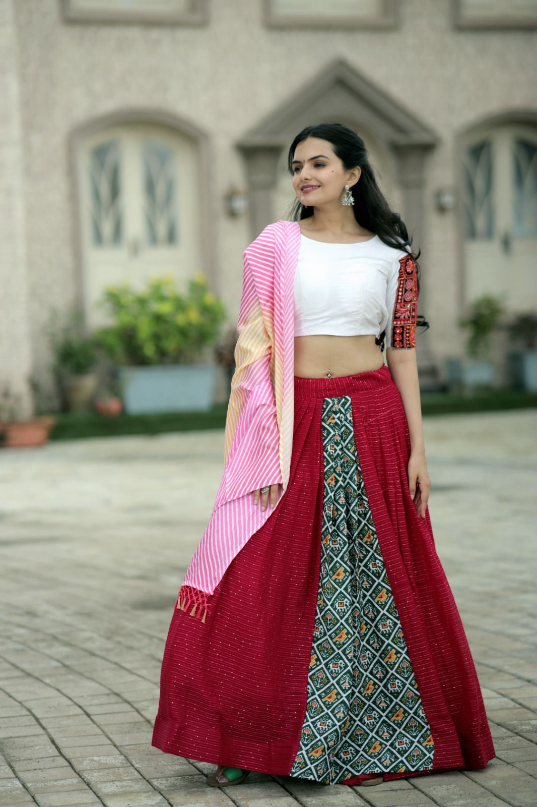 Viscose Crochet Lehenga Choli with Unique Position Print and Elegant Flair for a Timeless Festive Look | Womenoutfitstudio