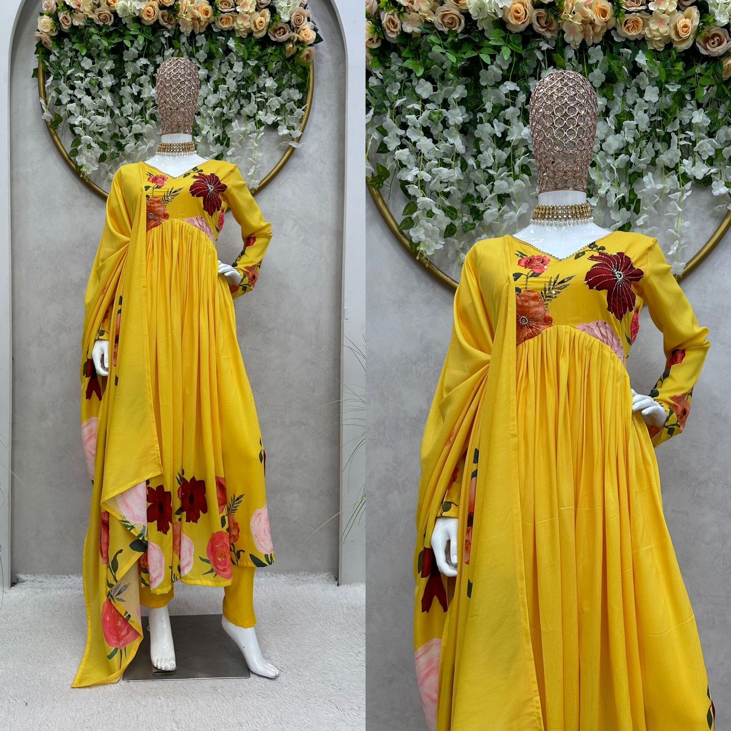 Stylish Muslin Side Cut Suit with Handwork and Digital Prints  | Womenoutfitstudio