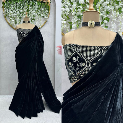 Elegant  Velvet Designer Saree with Plain Finish & Sequenced Blouse | Womenoutfitstudio