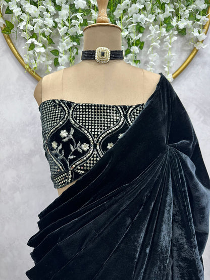 Elegant  Velvet Designer Saree with Plain Finish & Sequenced Blouse | Womenoutfitstudio