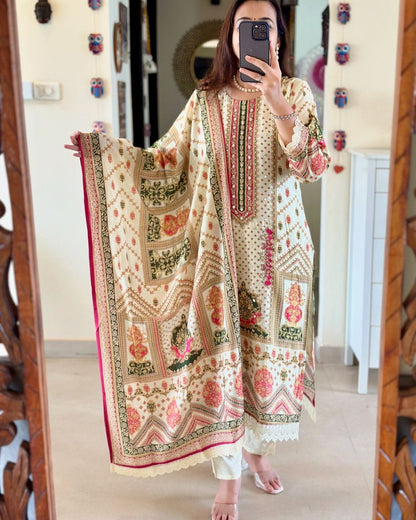 Elegant Pure Banana Silk Pakistani Suit with Siquvance Digital Prints, Hand Embroidery, Mirror Work, and 4-Piece Traditional Set | Womenoutfitstudio