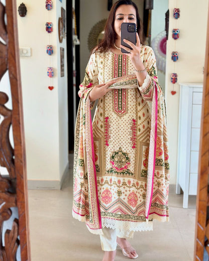 Elegant Pure Banana Silk Pakistani Suit with Siquvance Digital Prints, Hand Embroidery, Mirror Work, and 4-Piece Traditional Set | Womenoutfitstudio