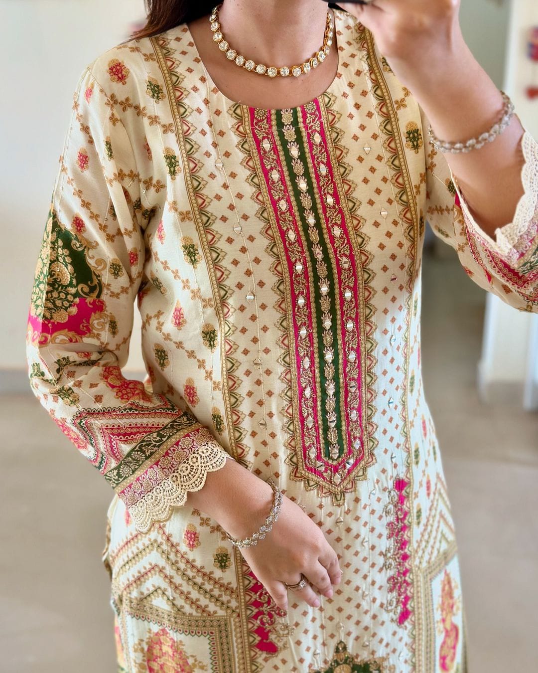 Elegant Pure Banana Silk Pakistani Suit with Siquvance Digital Prints, Hand Embroidery, Mirror Work, and 4-Piece Traditional Set | Womenoutfitstudio