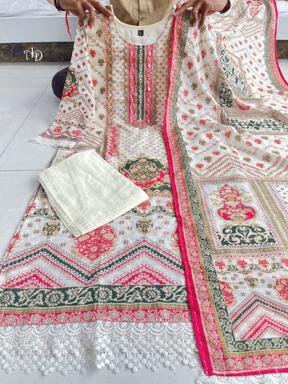 Elegant Pure Banana Silk Pakistani Suit with Siquvance Digital Prints, Hand Embroidery, Mirror Work, and 4-Piece Traditional Set | Womenoutfitstudio