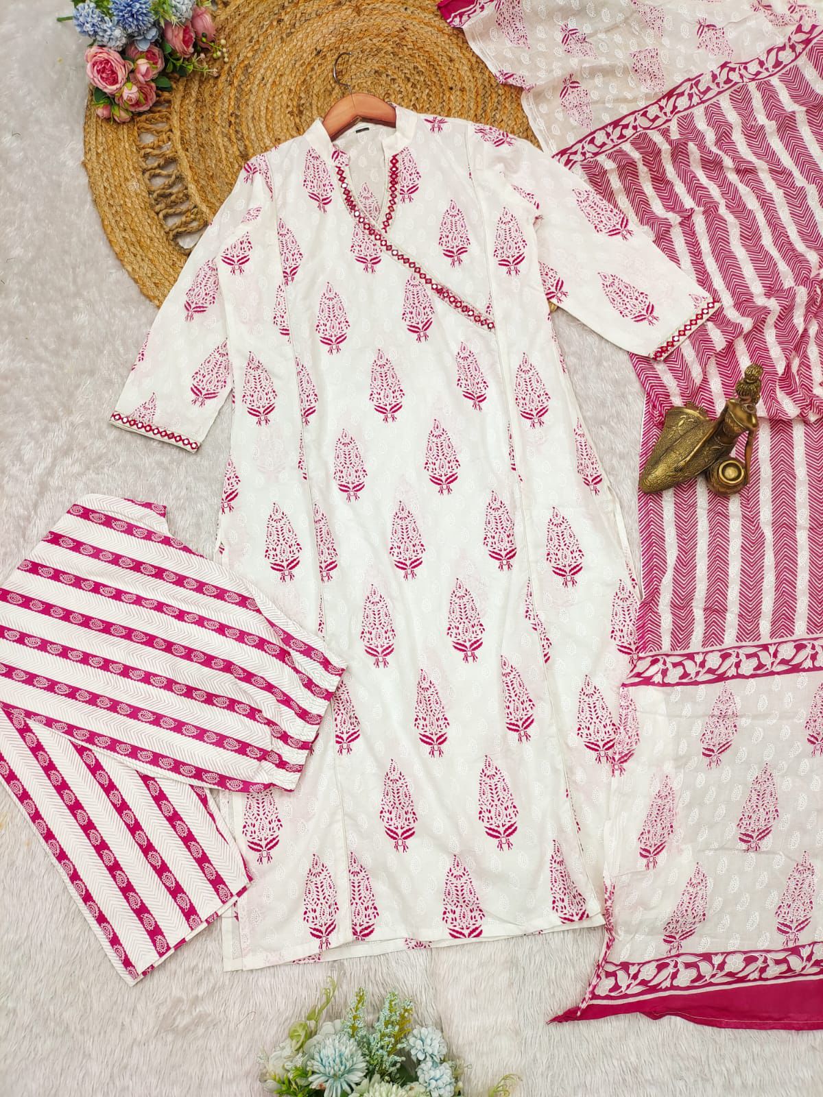 Showroom Quality Cotton Suit Set with Embroidery and Full-Flared Block Print| Woenoutfitstudio