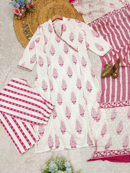 Showroom Quality Cotton Suit Set with Embroidery and Full-Flared Block Print| Woenoutfitstudio