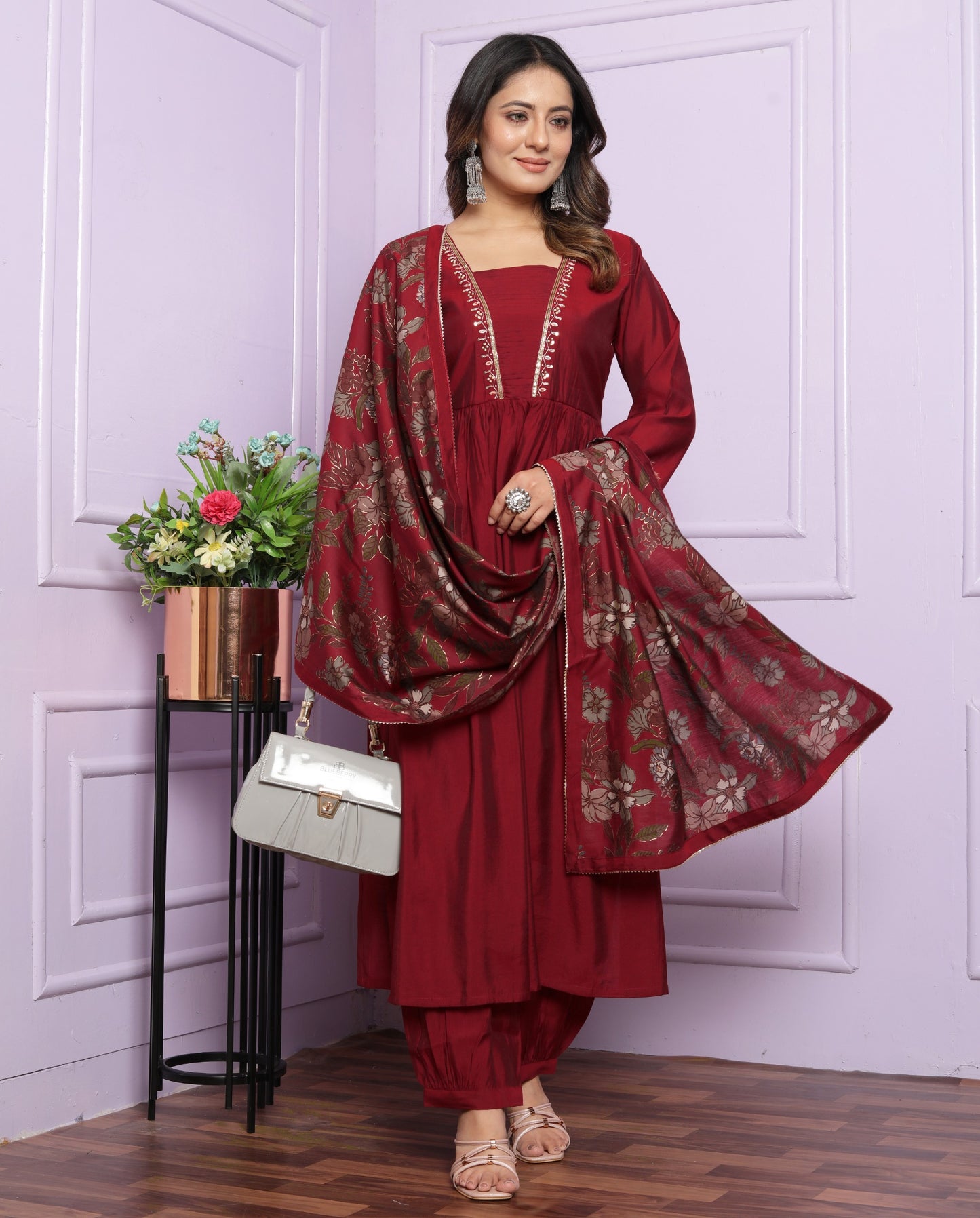 Elegant Modal Silk Kurta Set with Afghani Pants & Dupatta | Womenoutfitstudio