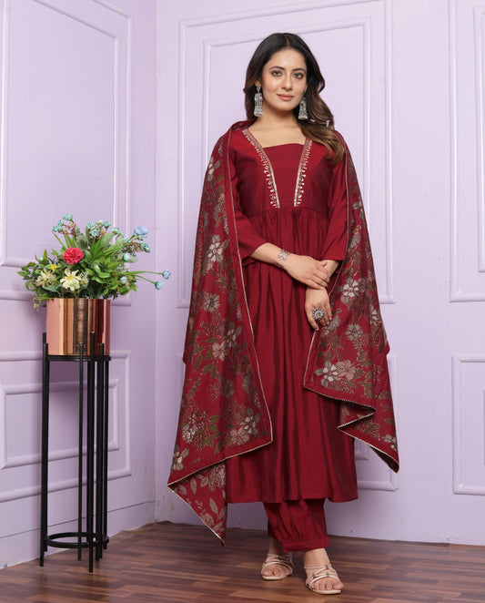 Elegant Modal Silk Kurta Set with Afghani Pants & Dupatta | Womenoutfitstudio