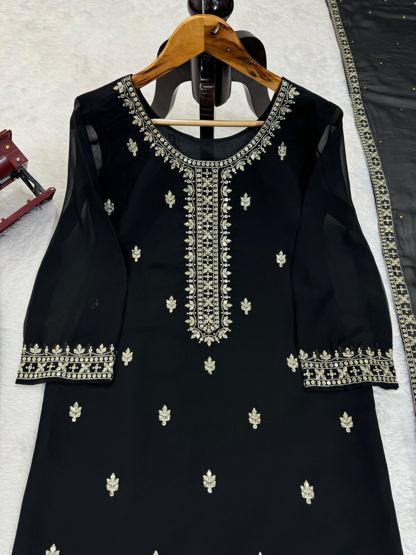 Premium Faux Georgette Embroidered Suit with Lace Dupatta | Womenoutfitstudio