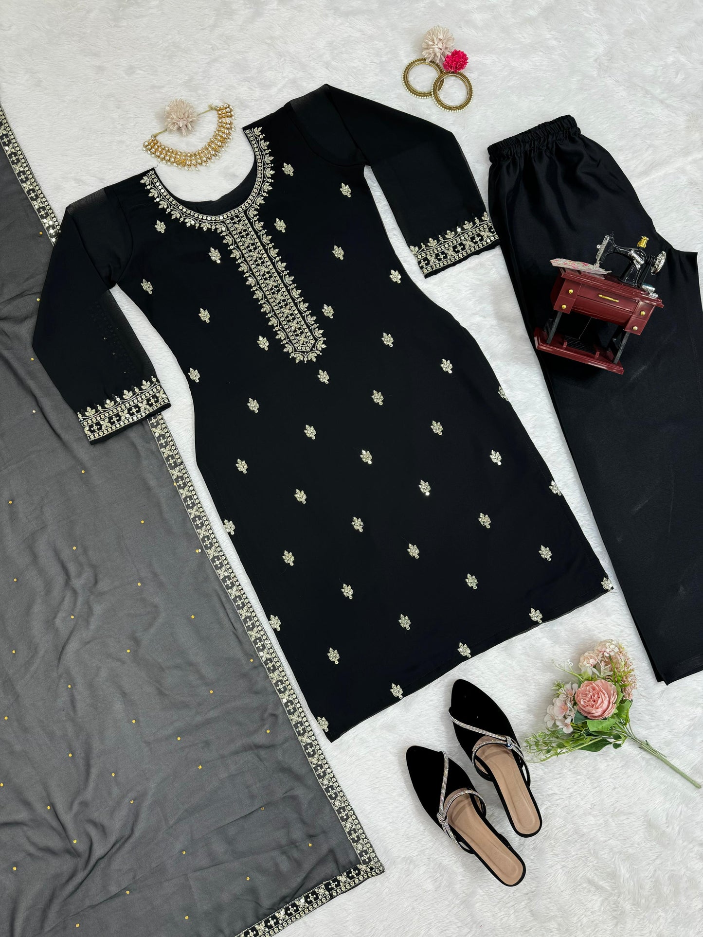 Premium Faux Georgette Embroidered Suit with Lace Dupatta | Womenoutfitstudio