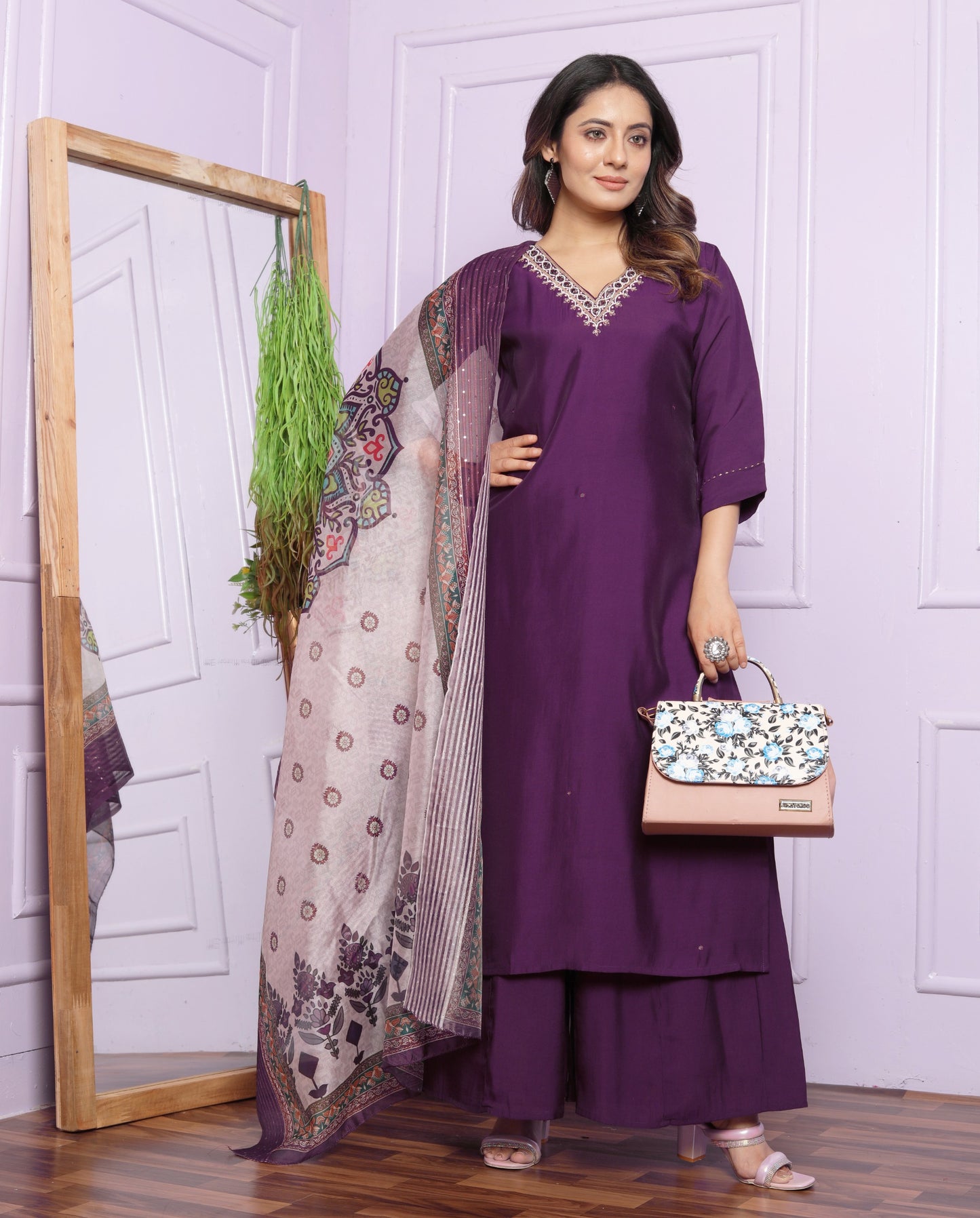 Luxurious Wine Roman Silk Kurti Set with Handcrafted Details and Elegant Organza Dupatta  | Womenoutfitstudio