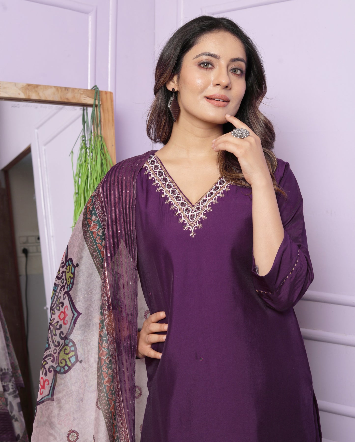 Luxurious Wine Roman Silk Kurti Set with Handcrafted Details and Elegant Organza Dupatta  | Womenoutfitstudio