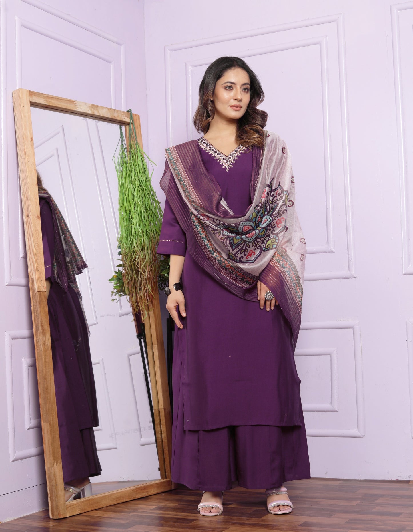 Luxurious Wine Roman Silk Kurti Set with Handcrafted Details and Elegant Organza Dupatta  | Womenoutfitstudio