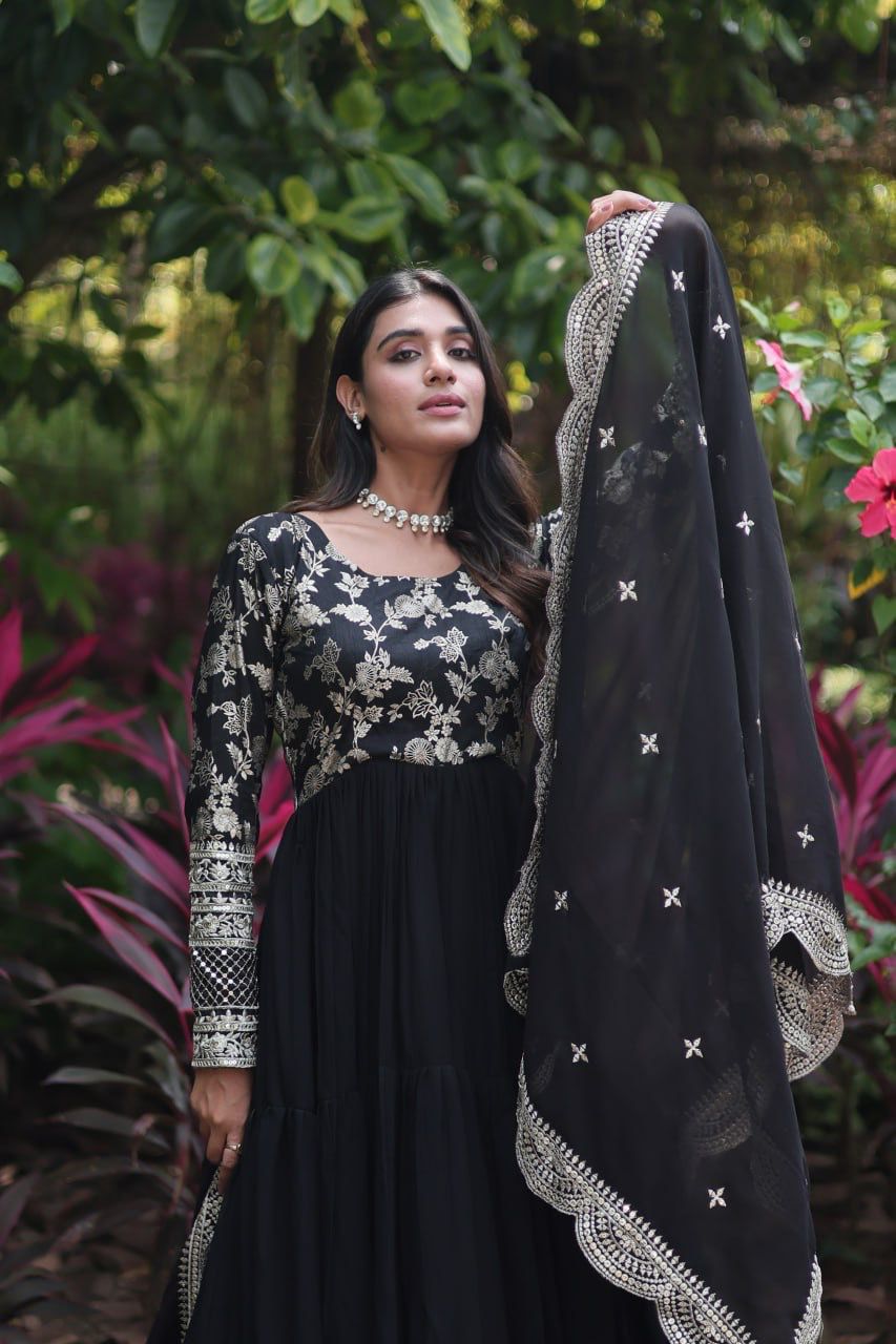 Stunning Faux Blooming Gown with Sequins Embroidery and Matching Dupatta  | Womenoutfitstudio