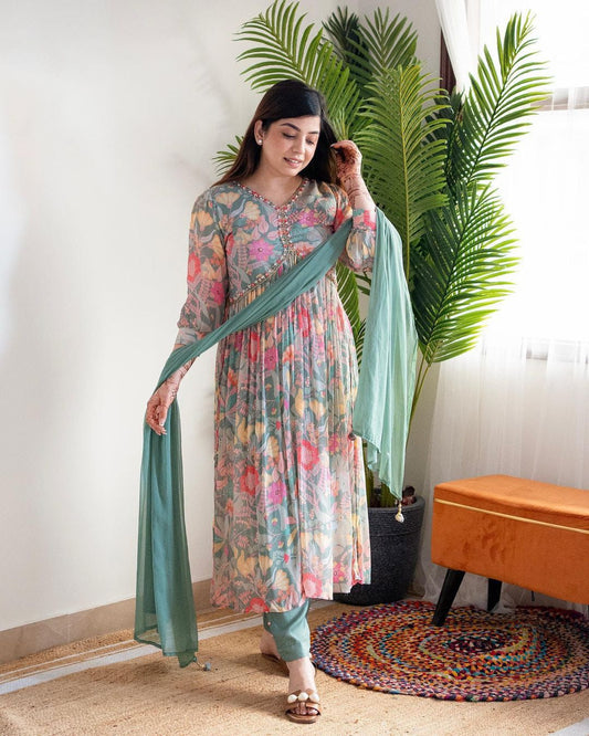 Graceful Green Floral Alia Cut Suit for Festive Glam | Womenoutfitstudio