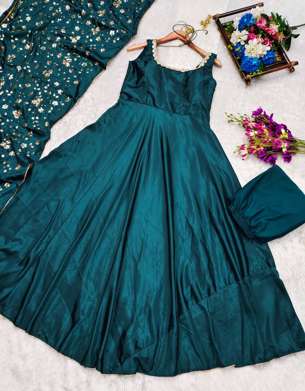 Elegant Satin Silk Evening Dress -  Teal blue & Purple