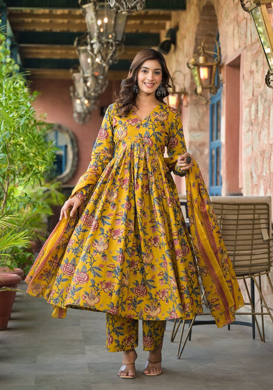 Elegant Colour Voluminous Anarkali Suit Set - Pure Cotton, Mill Print Dupatta | Womenoutfitstudio