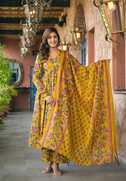 Elegant Colour Voluminous Anarkali Suit Set - Pure Cotton, Mill Print Dupatta | Womenoutfitstudio