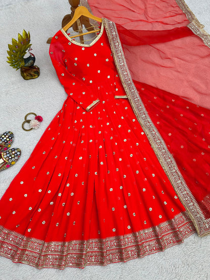 Gorgeous Red Party Gown with Full Sleeves and Embellishments| Womenoutfitstudio