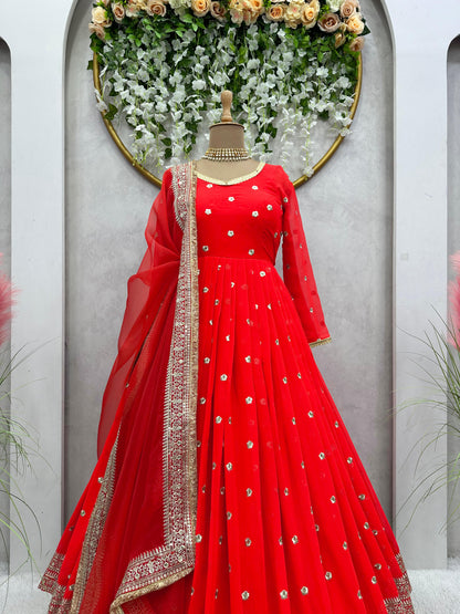 Gorgeous Red Party Gown with Full Sleeves and Embellishments| Womenoutfitstudio