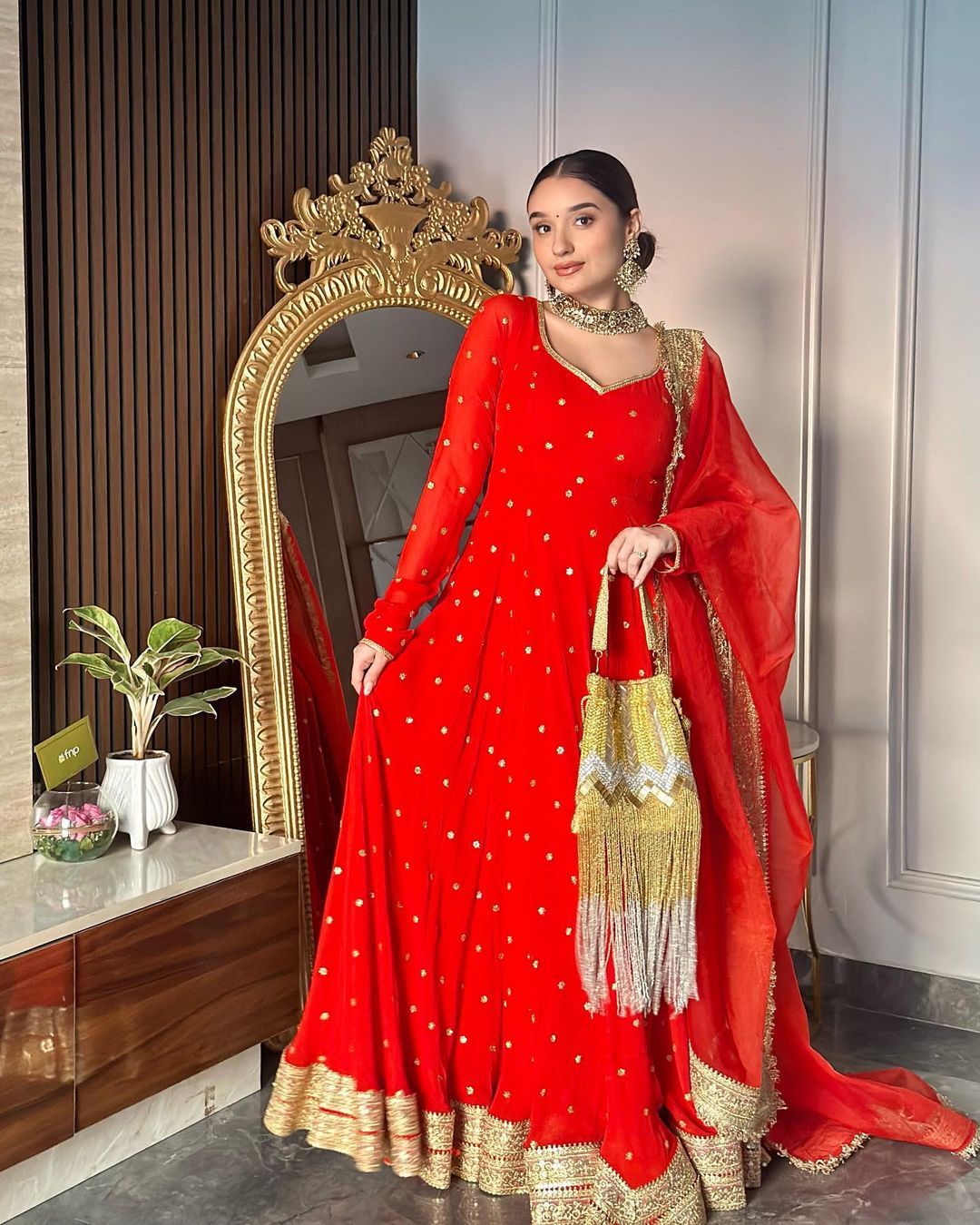 Gorgeous Red Party Gown with Full Sleeves and Embellishments| Womenoutfitstudio