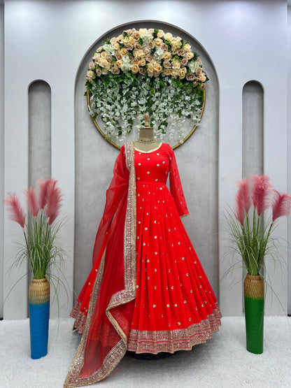 Gorgeous Red Party Gown with Full Sleeves and Embellishments| Womenoutfitstudio