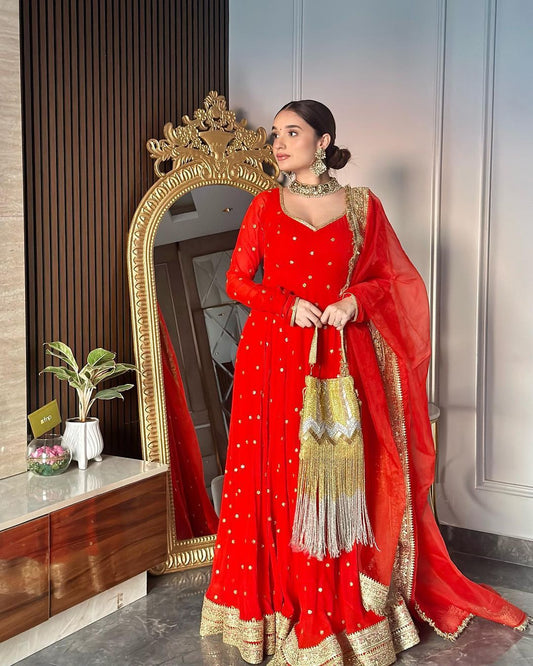 Gorgeous Red Party Gown with Full Sleeves and Embellishments| Womenoutfitstudio