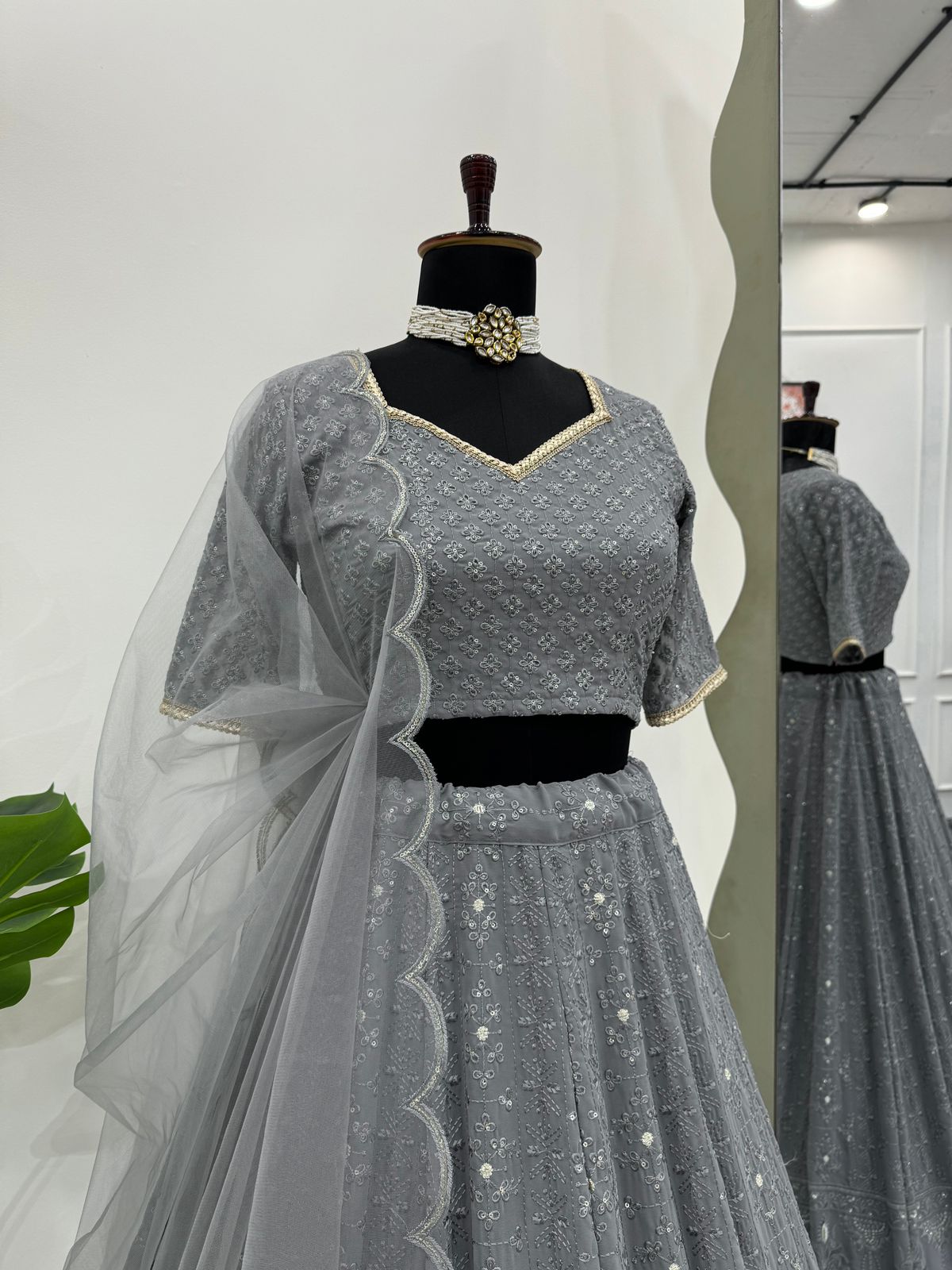 Elegant Grey: Classic Lehenga Choli Set with Exquisite Embroidery | Womenoutfitstudio