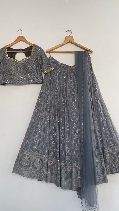 Elegant Grey: Classic Lehenga Choli Set with Exquisite Embroidery | Womenoutfitstudio