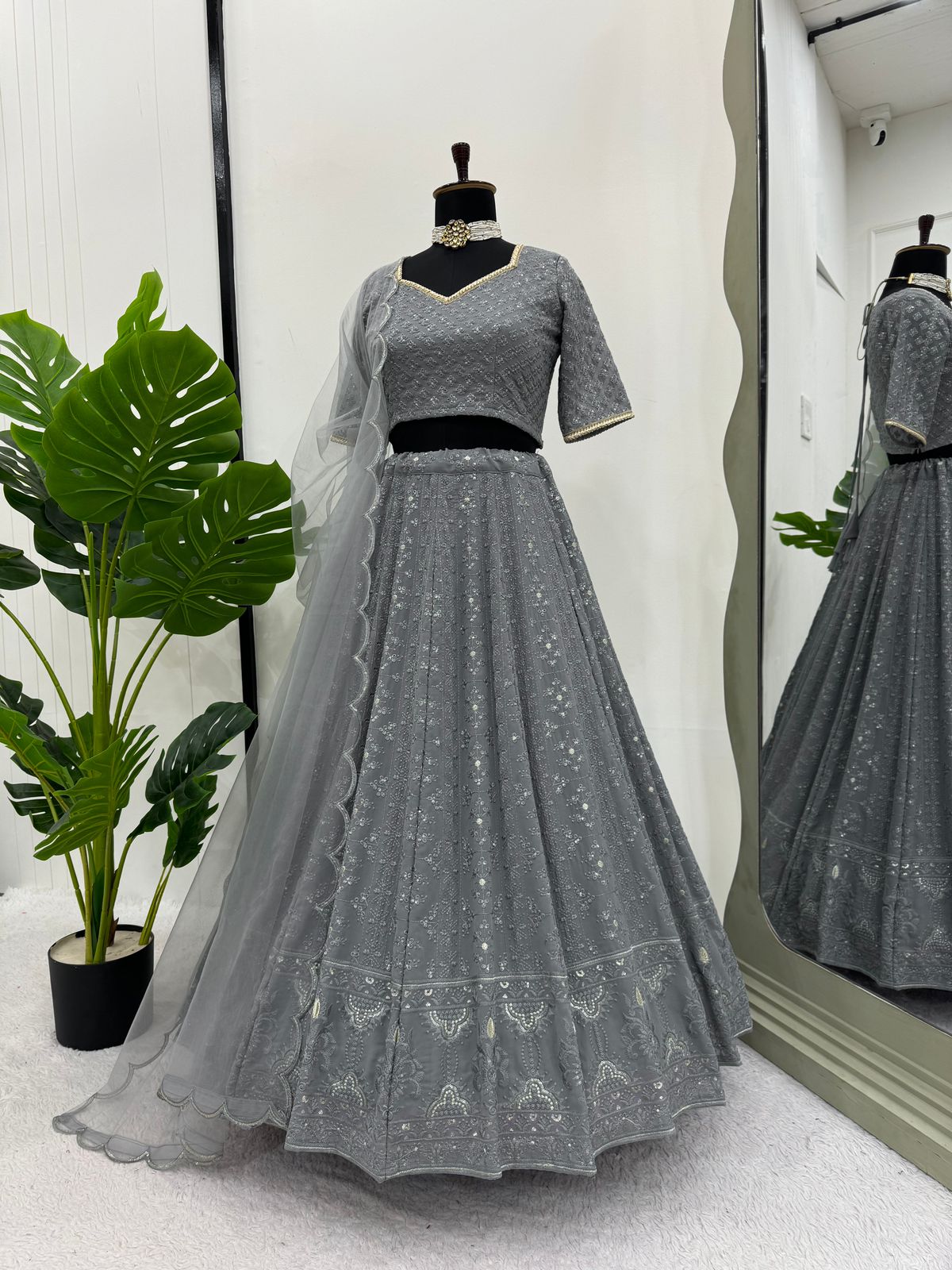 Elegant Grey: Classic Lehenga Choli Set with Exquisite Embroidery | Womenoutfitstudio