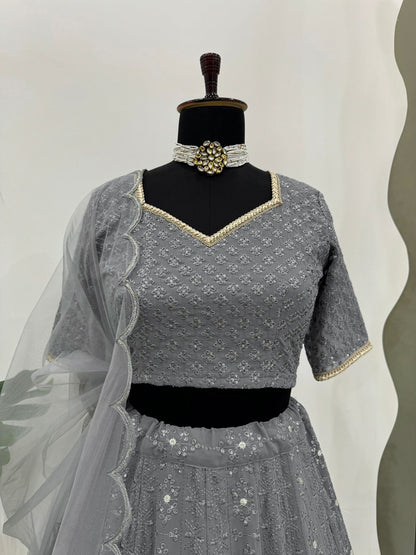 Elegant Grey: Classic Lehenga Choli Set with Exquisite Embroidery | Womenoutfitstudio