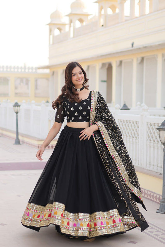 Exquisite Black Faux Blooming Georgette Lehenga Choli with Heavy Sequins Work | Womenoutfitstudio