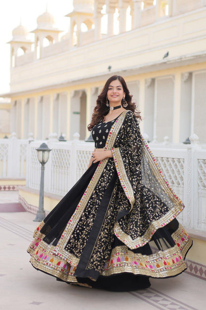 Exquisite Black Faux Blooming Georgette Lehenga Choli with Heavy Sequins Work | Womenoutfitstudio