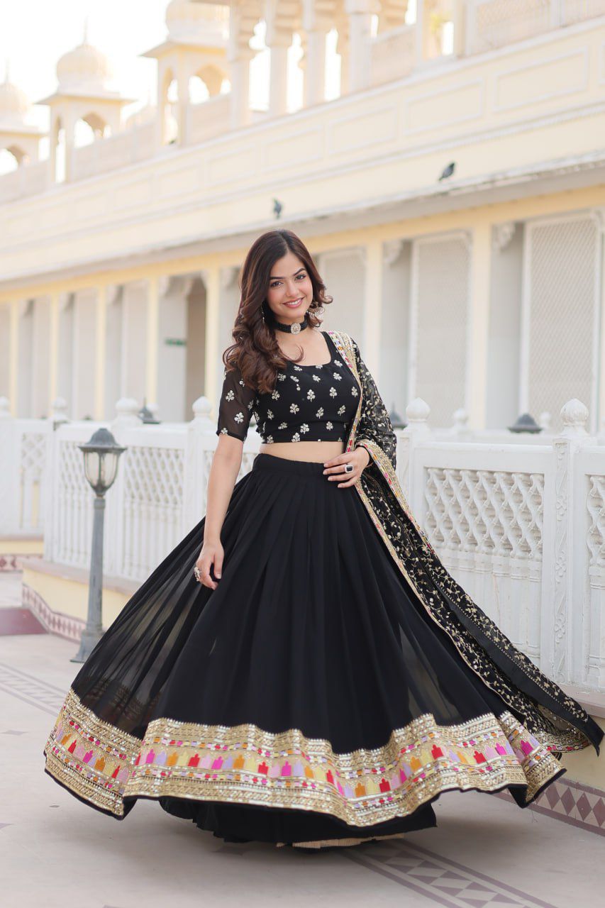 Exquisite Black Faux Blooming Georgette Lehenga Choli with Heavy Sequins Work | Womenoutfitstudio