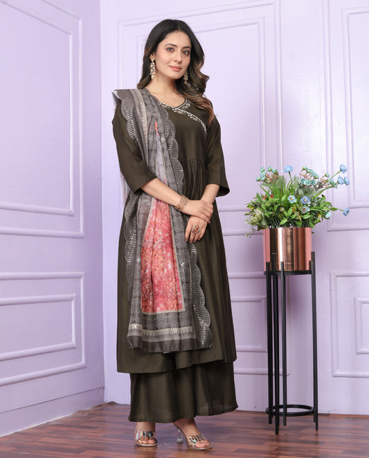 Elegant Olive Brown Angarkha Neck Kurti with Handwork and Organza Dupatta | Womenoutfitstudio