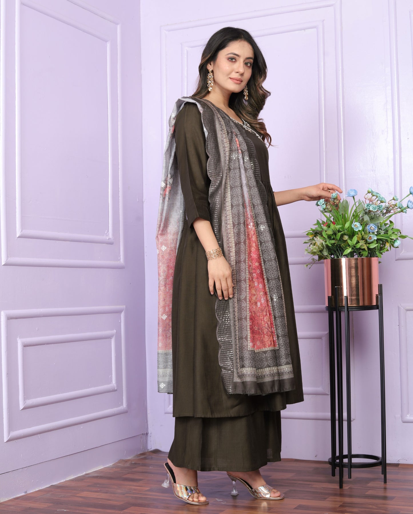 Elegant Olive Brown Angarkha Neck Kurti with Handwork and Organza Dupatta | Womenoutfitstudio