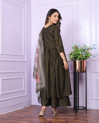 Elegant Olive Brown Angarkha Neck Kurti with Handwork and Organza Dupatta | Womenoutfitstudio