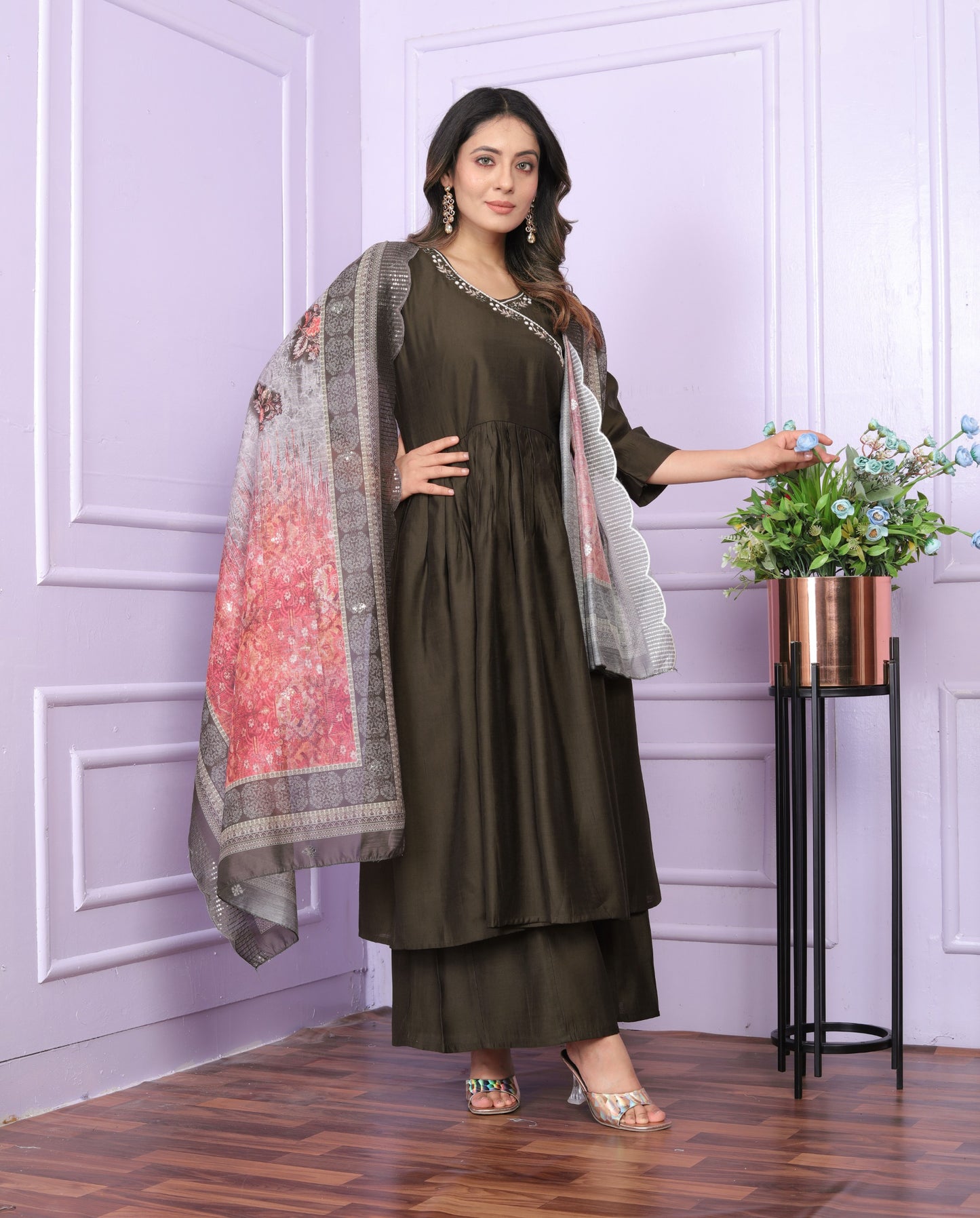 Elegant Olive Brown Angarkha Neck Kurti with Handwork and Organza Dupatta | Womenoutfitstudio