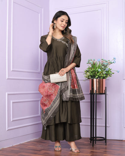 Elegant Olive Brown Angarkha Neck Kurti with Handwork and Organza Dupatta | Womenoutfitstudio