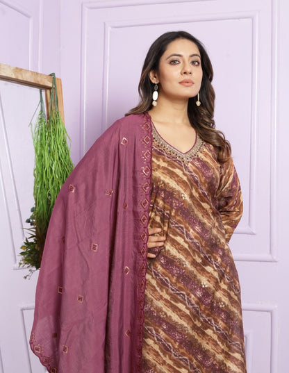 Elegant Modal Silk V Neck Kurti Set with Hand Work & Viscose Cut Work Dupatta in Shades of Sand & Rubine  | Womenoutfitstudio