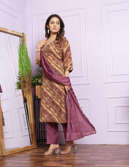 Elegant Modal Silk V Neck Kurti Set with Hand Work & Viscose Cut Work Dupatta in Shades of Sand & Rubine  | Womenoutfitstudio