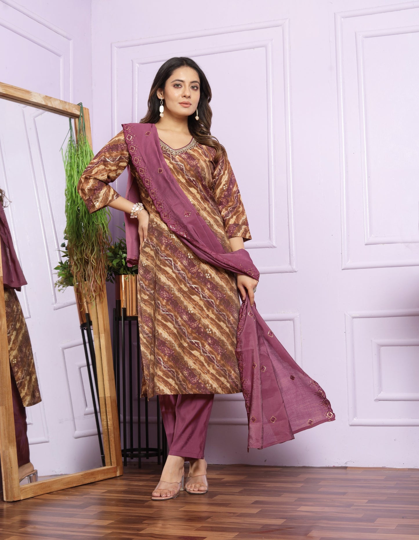 Elegant Modal Silk V Neck Kurti Set with Hand Work & Viscose Cut Work Dupatta in Shades of Sand & Rubine  | Womenoutfitstudio