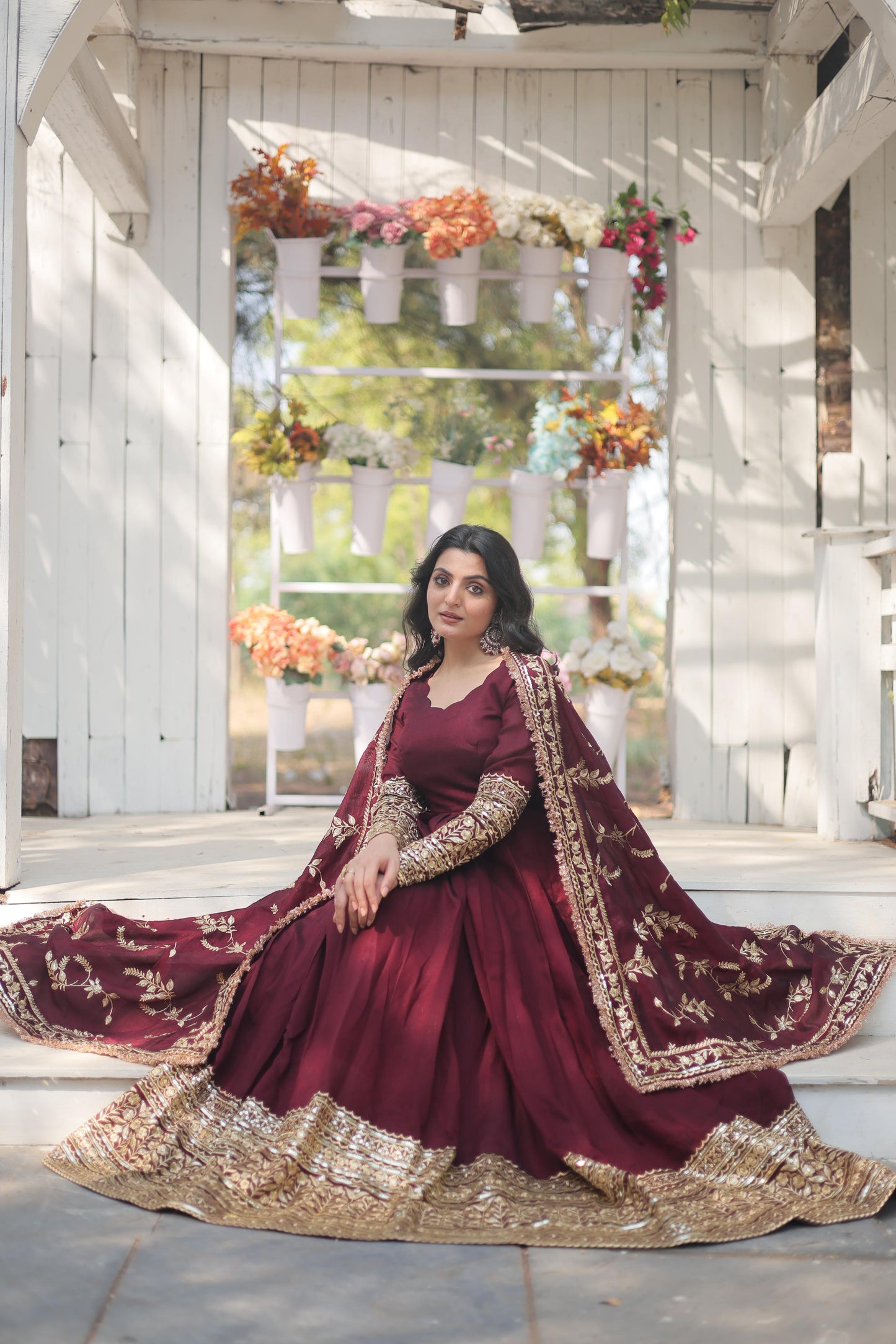 Dark Maroon Vichitra Shimmer Gown and Dupatta Set with Sequins Work | Womenoutfitstudio