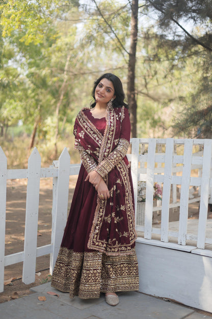 Dark Maroon Vichitra Shimmer Gown and Dupatta Set with Sequins Work | Womenoutfitstudio