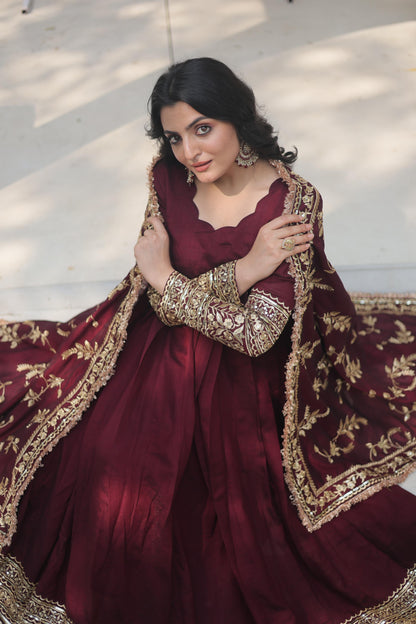 Dark Maroon Vichitra Shimmer Gown and Dupatta Set with Sequins Work | Womenoutfitstudio